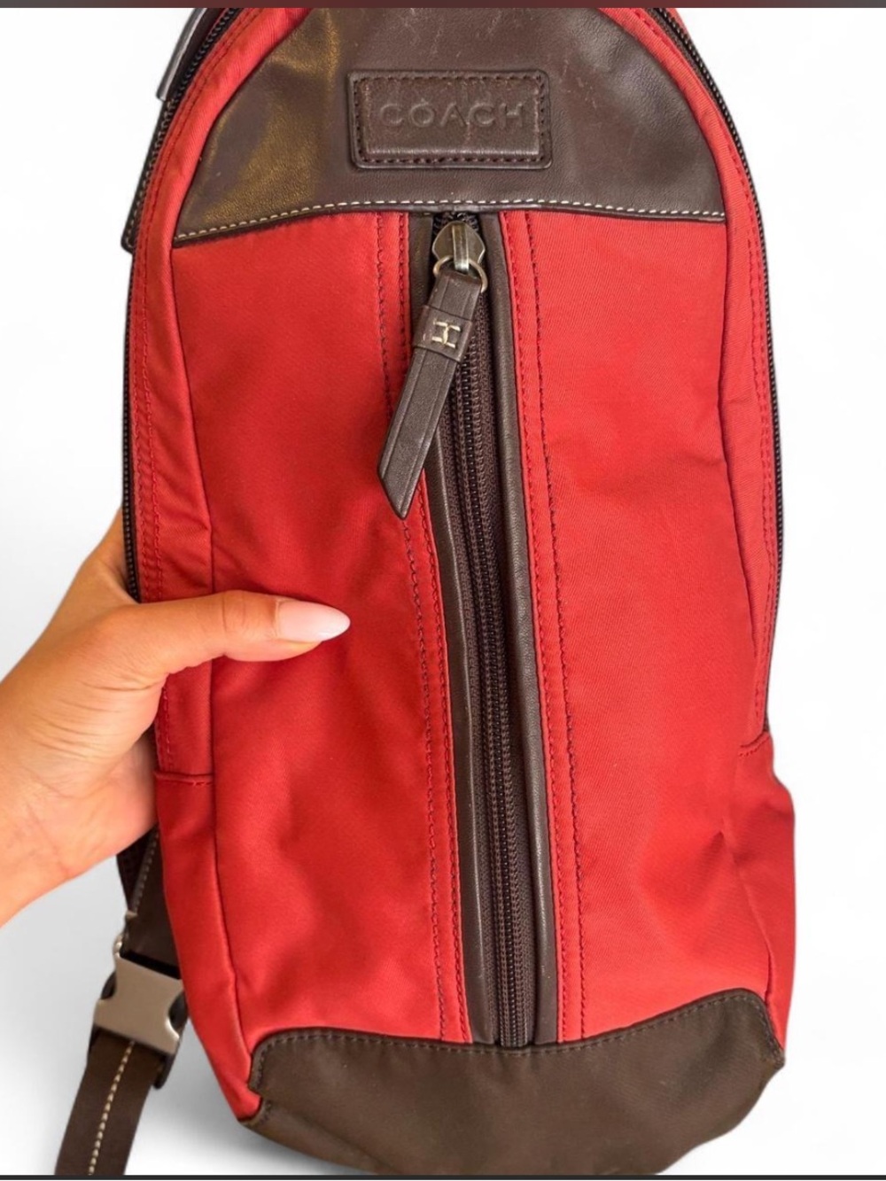 Coach Thompson Heritage Sling Bag Red Nylon Brown Leather Crossbody F70692 Mens